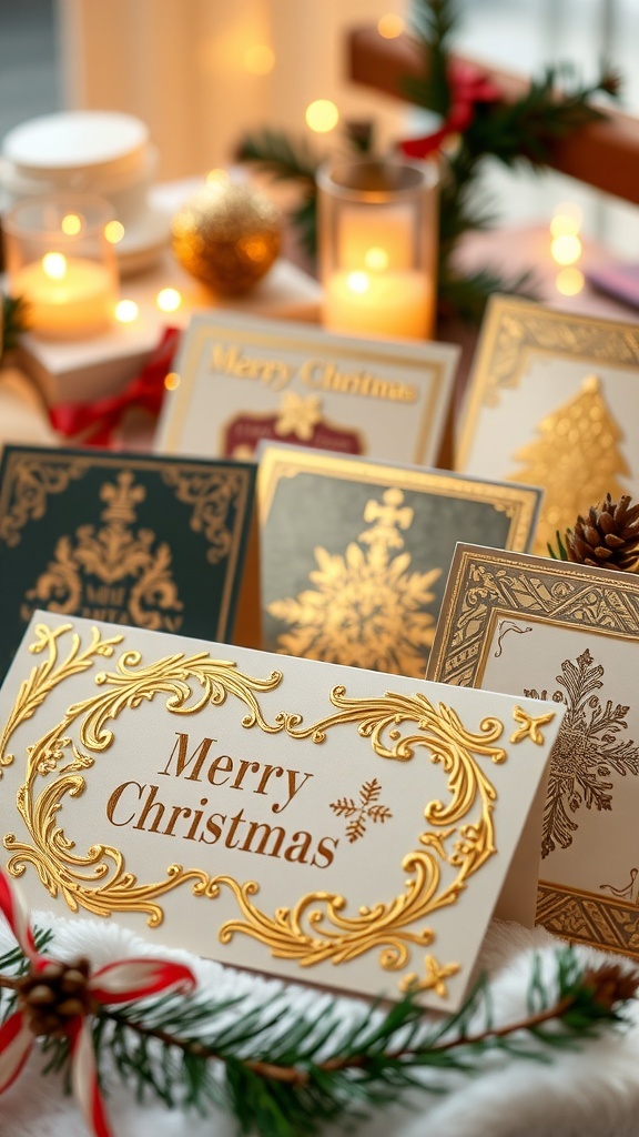 A collection of elegant Christmas cards with gold foil designs on a festive background.